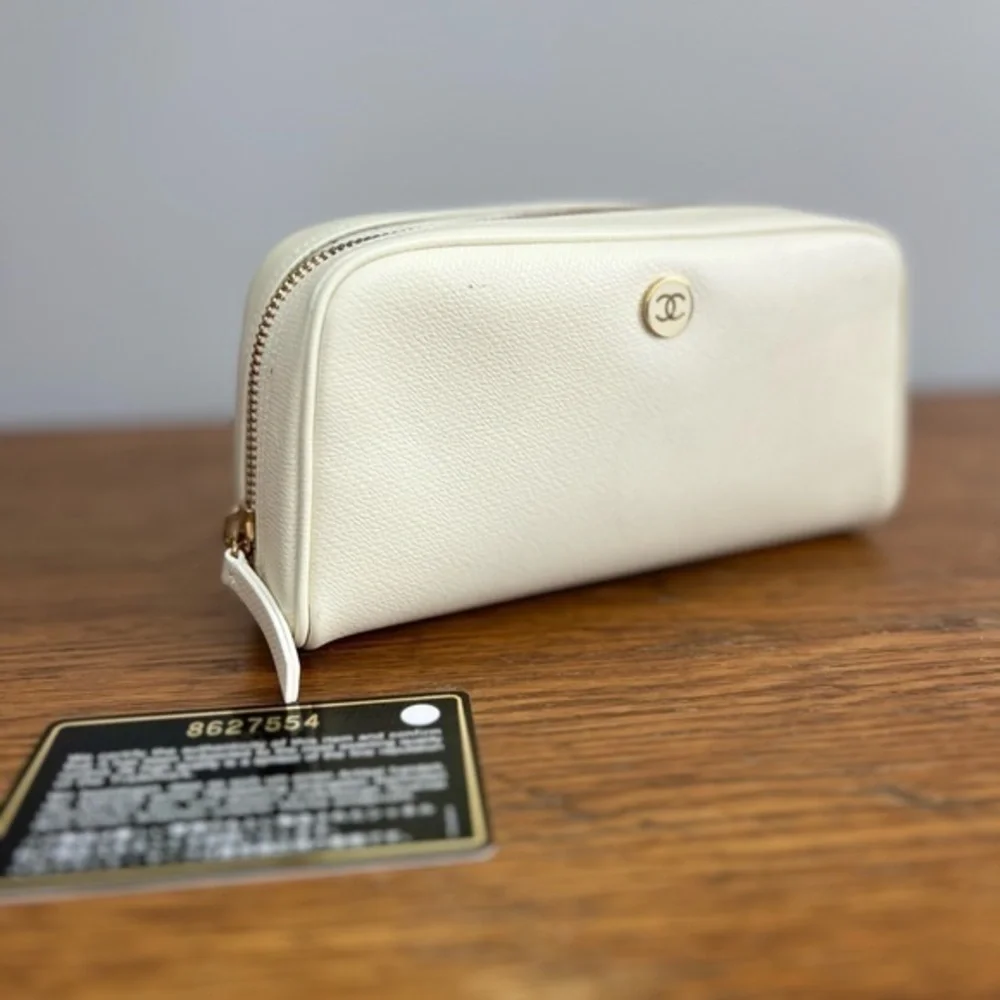 CHANEL Pouch Cosmetic Bag Purse Coco Button Leather Ivory Authentic.
